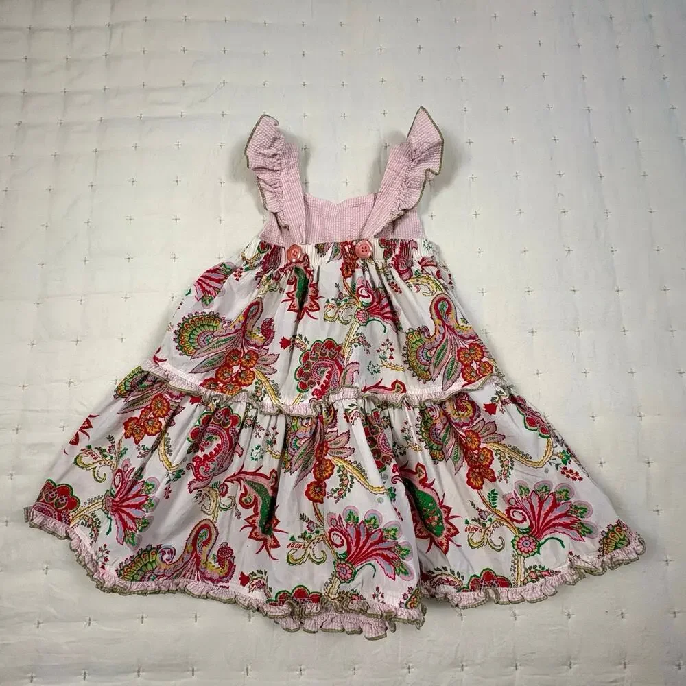 Icky Baby Seersucker Sun Dress Girls 24M Pink Floral Paisley Boho Cottage Summer